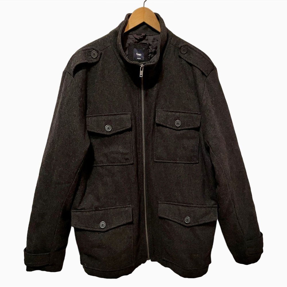 GAP Wool Blend XL Zip Front Men's Pea Coat Charcoal Grey EUC Quilted Lining